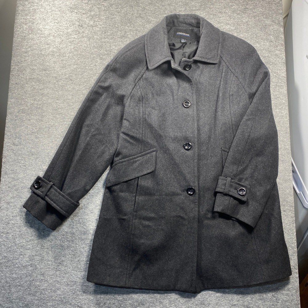 London Fog Womens XL Gray Wool Blend Button Up Pea Coat Jacket RN 31845